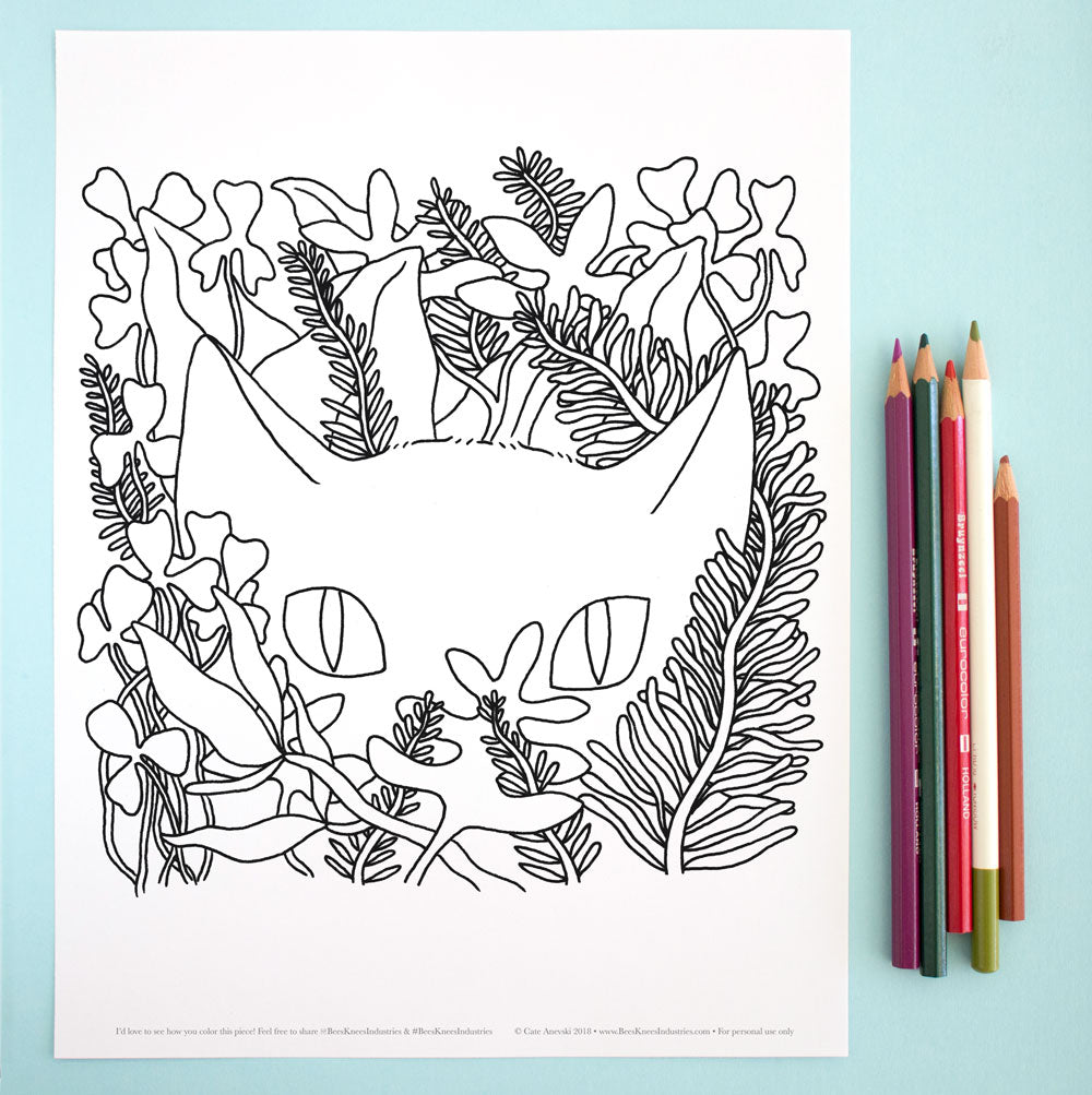 Coloring Page: Cat in the Garden