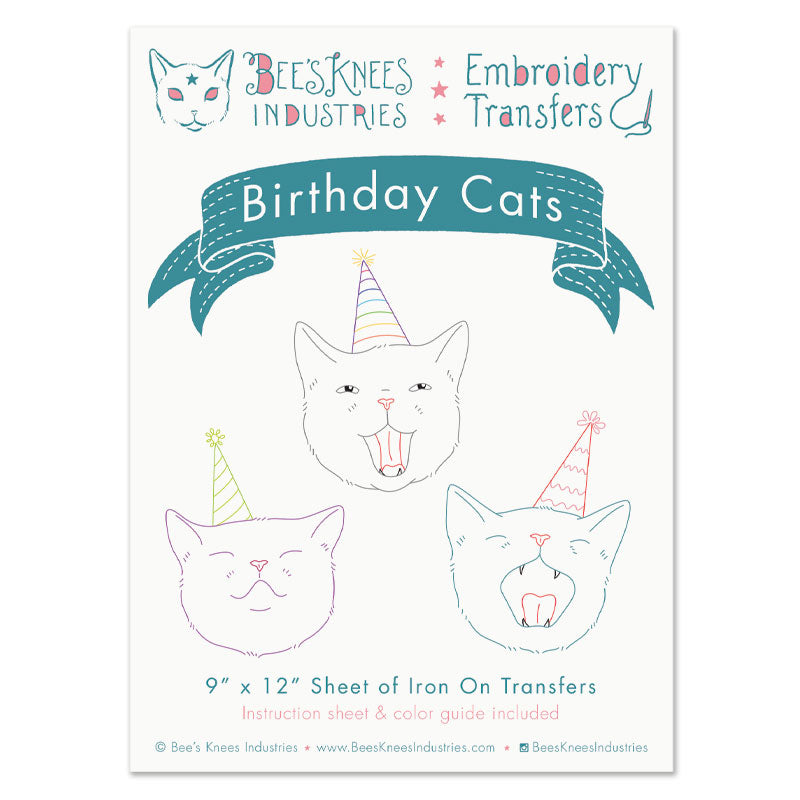 Birthday Cats Iron-On Embroidery Transfers