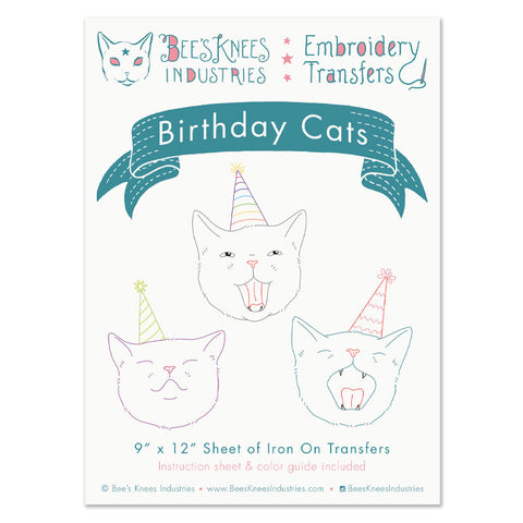 Birthday Cats Iron-On Embroidery Transfers