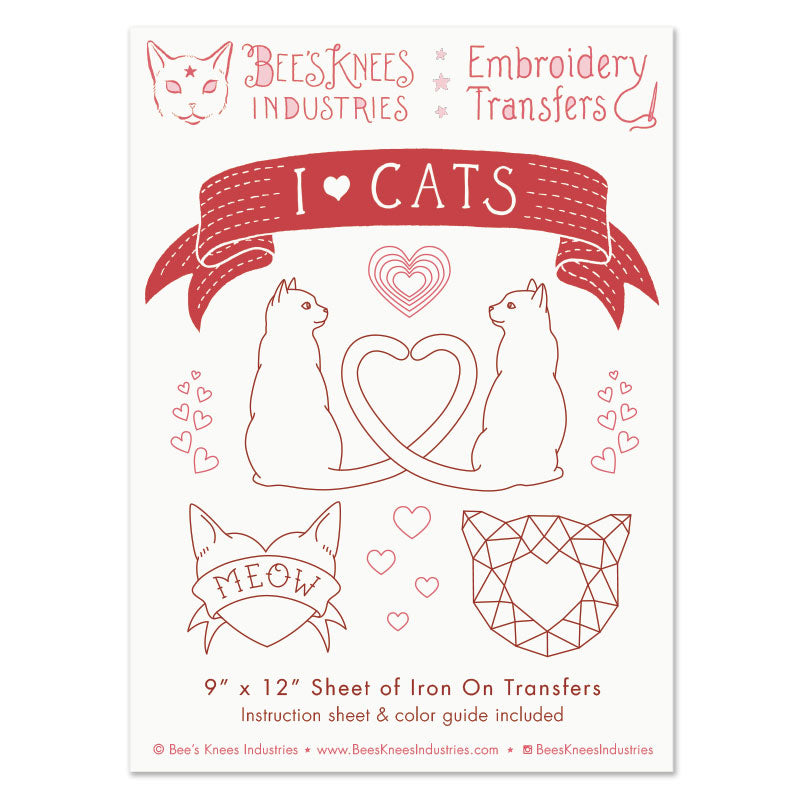 I Heart Cats Iron-On Embroidery Transfers